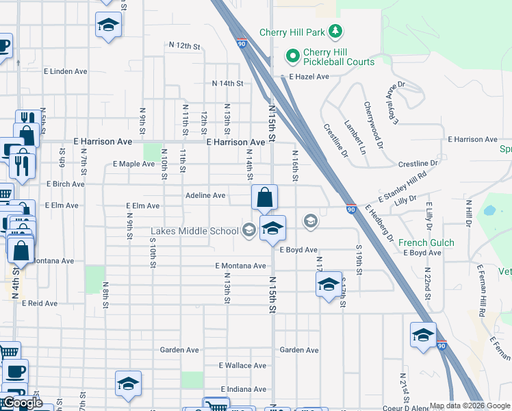 map of restaurants, bars, coffee shops, grocery stores, and more near 1038 North 14th Street in Coeur d'Alene
