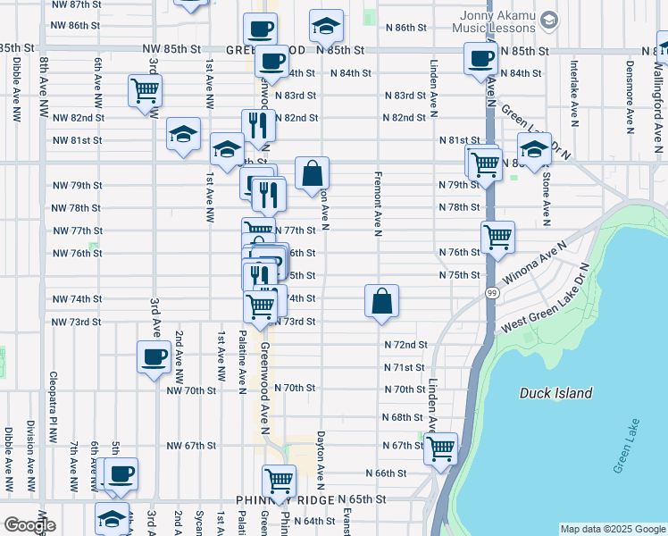 map of restaurants, bars, coffee shops, grocery stores, and more near 506 North 75th Street in Seattle