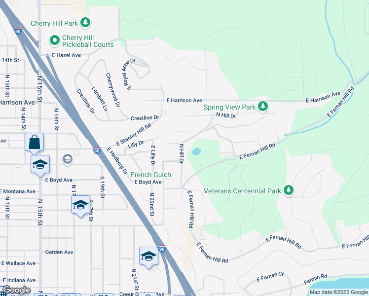 map of restaurants, bars, coffee shops, grocery stores, and more near 1314 North Hill Drive in Coeur d'Alene