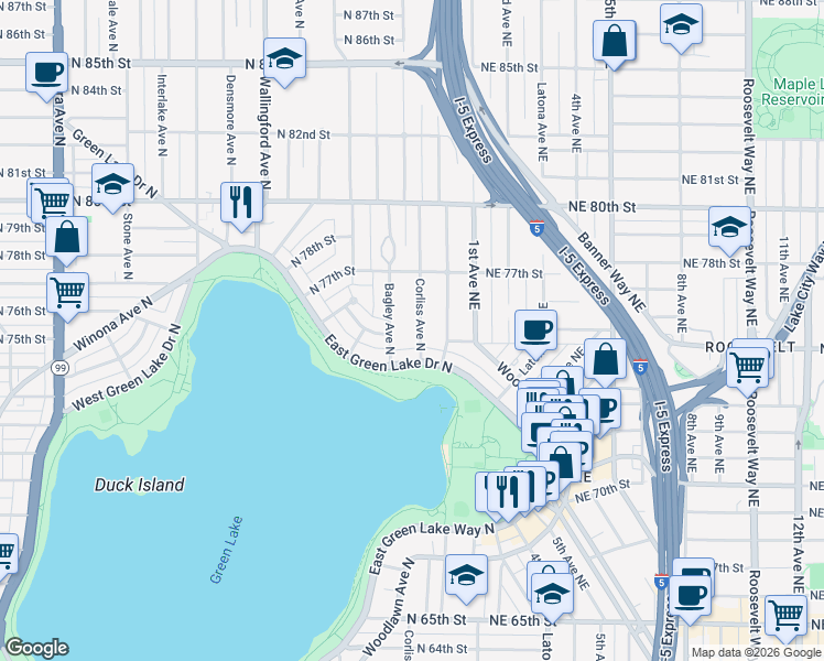 map of restaurants, bars, coffee shops, grocery stores, and more near 7502 Bagley Avenue North in Seattle