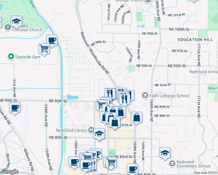 map of restaurants, bars, coffee shops, grocery stores, and more near 9144 162nd Place Northeast in Redmond