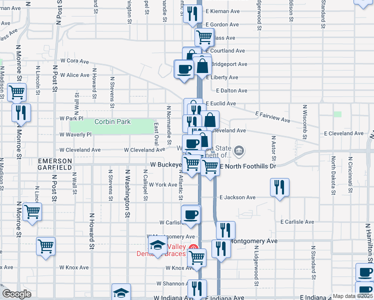 map of restaurants, bars, coffee shops, grocery stores, and more near 2728 North Atlantic Street in Spokane