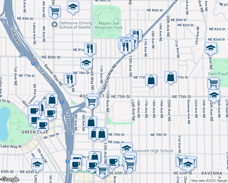map of restaurants, bars, coffee shops, grocery stores, and more near 7515 Brooklyn Avenue Northeast in Seattle