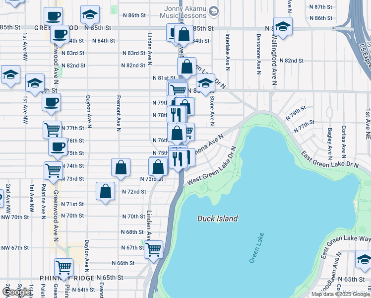 map of restaurants, bars, coffee shops, grocery stores, and more near 7504 Aurora Avenue North in Seattle