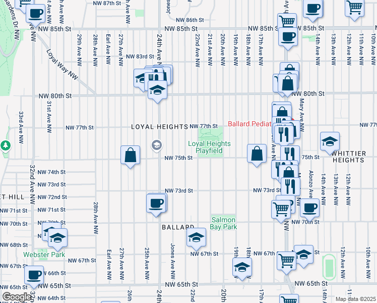 map of restaurants, bars, coffee shops, grocery stores, and more near 7510 23rd Avenue Northwest in Seattle