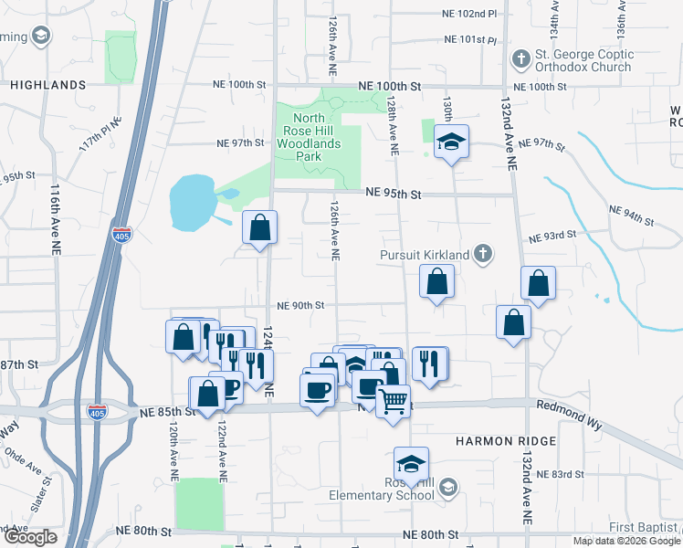 map of restaurants, bars, coffee shops, grocery stores, and more near 9104 126th Avenue Northeast in Kirkland