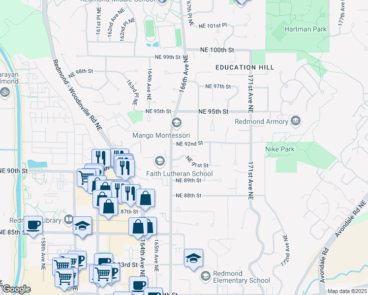 map of restaurants, bars, coffee shops, grocery stores, and more near 16615 Northeast 92nd Street in Redmond