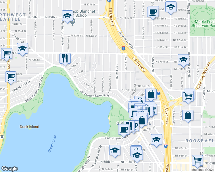 map of restaurants, bars, coffee shops, grocery stores, and more near 7509 Sunnyside Avenue North in Seattle