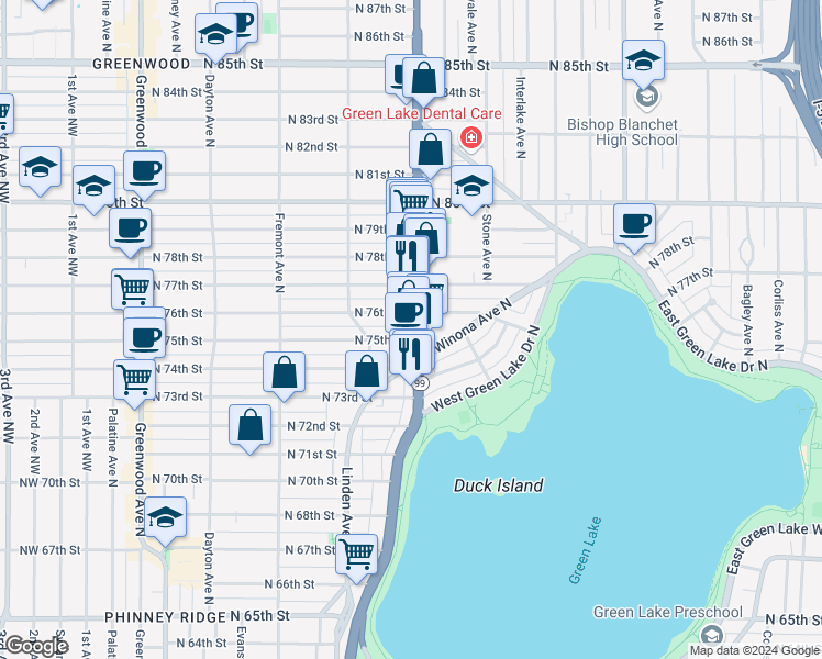 map of restaurants, bars, coffee shops, grocery stores, and more near 7504 Aurora Avenue North in Seattle