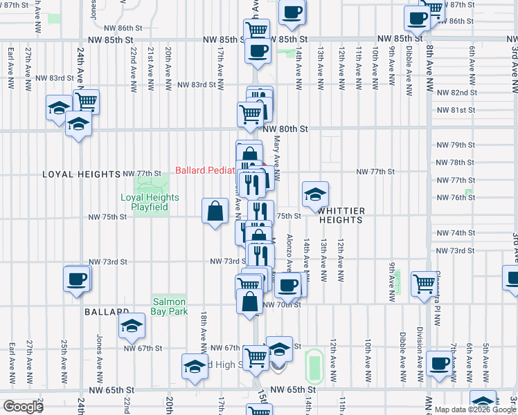 map of restaurants, bars, coffee shops, grocery stores, and more near 1478 Northwest 75th Street in Seattle