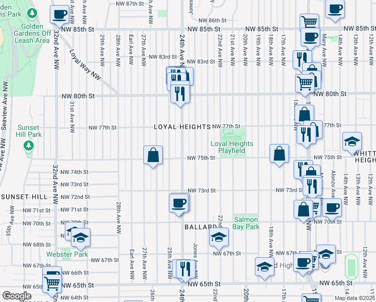 map of restaurants, bars, coffee shops, grocery stores, and more near 7511 Jones Avenue Northwest in Seattle