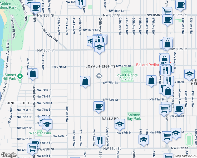 map of restaurants, bars, coffee shops, grocery stores, and more near 7505 24th Avenue Northwest in Seattle