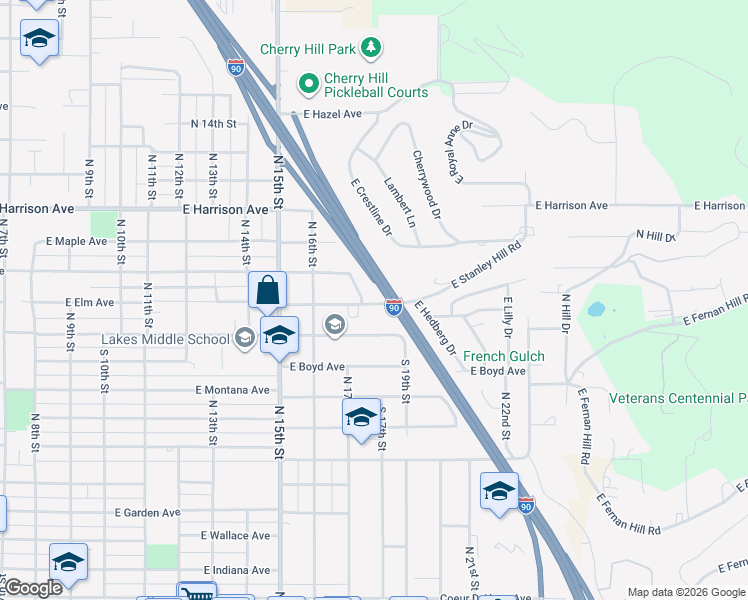 map of restaurants, bars, coffee shops, grocery stores, and more near 1727 East Stanley Hill Road in Coeur d'Alene