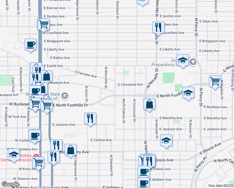 map of restaurants, bars, coffee shops, grocery stores, and more near 2802 North Standard Street in Spokane