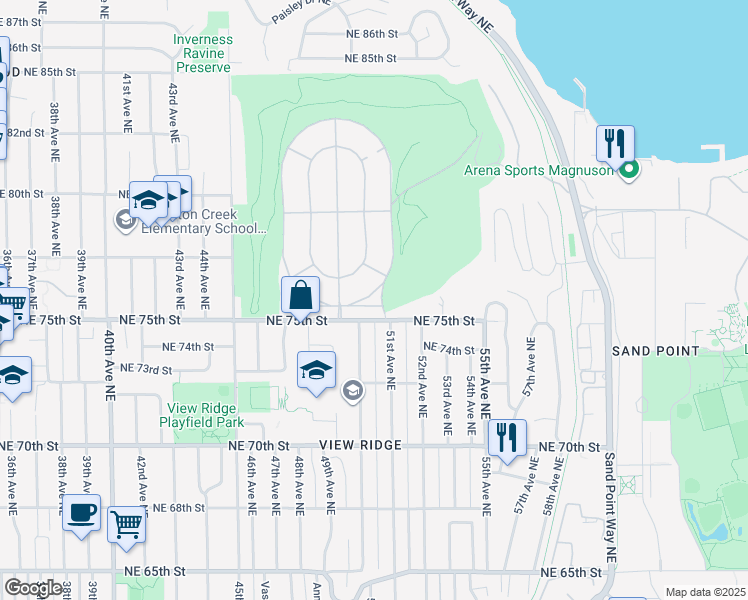 map of restaurants, bars, coffee shops, grocery stores, and more near 4930 Northeast Park Place in Seattle