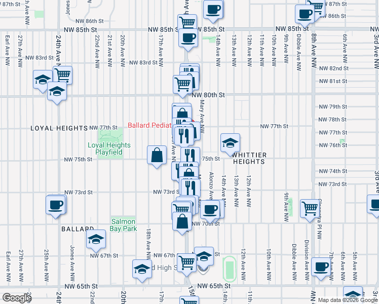 map of restaurants, bars, coffee shops, grocery stores, and more near 1482 Northwest 75th Street in Seattle
