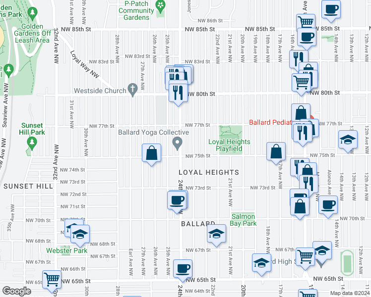 map of restaurants, bars, coffee shops, grocery stores, and more near 7508 24th Avenue Northwest in Seattle