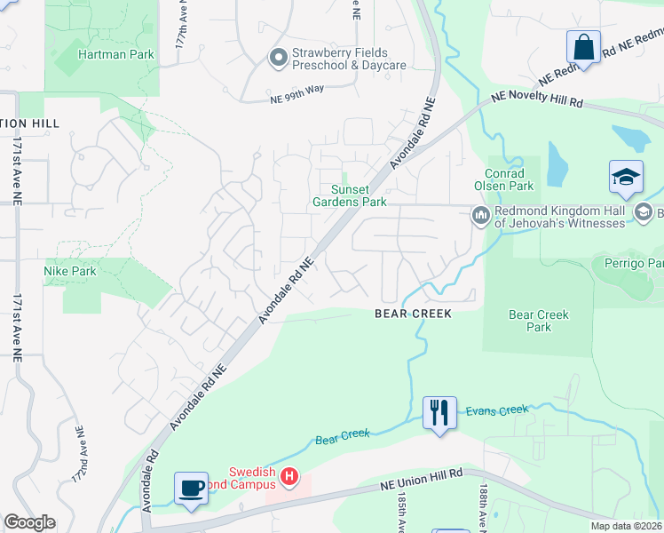 map of restaurants, bars, coffee shops, grocery stores, and more near 18200 Northeast 92nd Street in Redmond