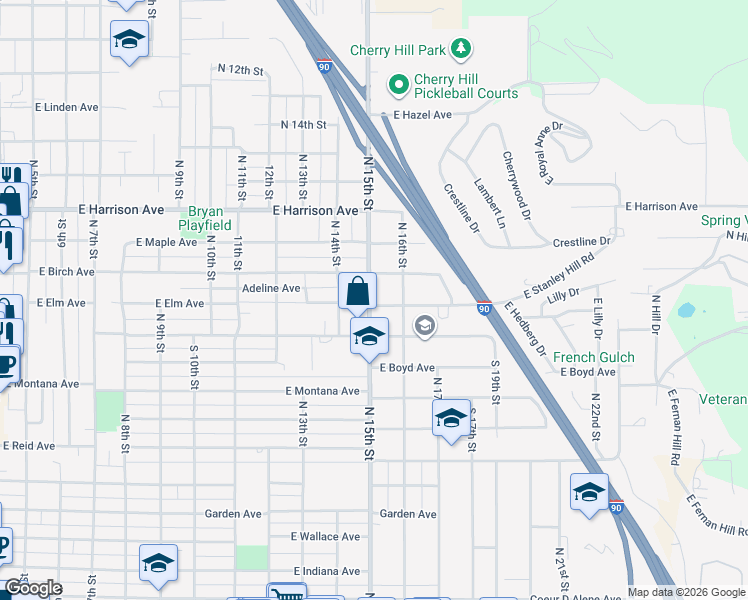 map of restaurants, bars, coffee shops, grocery stores, and more near 1038 North 15th Street in Coeur d'Alene