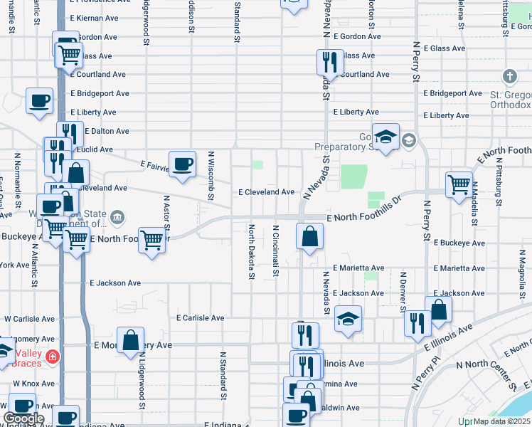 map of restaurants, bars, coffee shops, grocery stores, and more near 717 North Foothills Drive East in Spokane