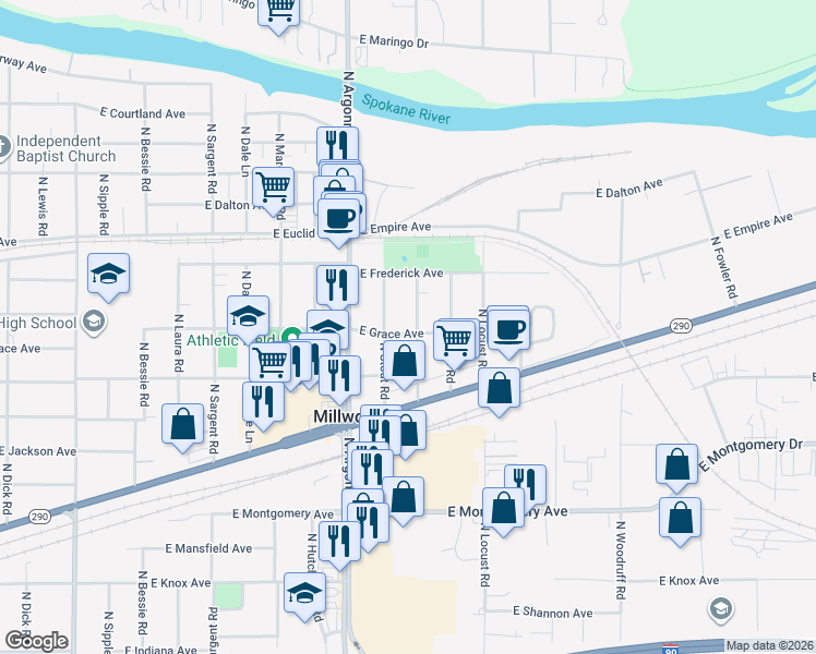 map of restaurants, bars, coffee shops, grocery stores, and more near 2909 N Willow Rd in Spokane