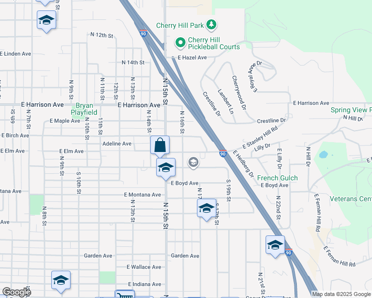 map of restaurants, bars, coffee shops, grocery stores, and more near 1030 North 16th Street in Coeur d'Alene