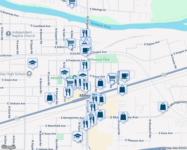 map of restaurants, bars, coffee shops, grocery stores, and more near 9125 East Grace Avenue in Millwood