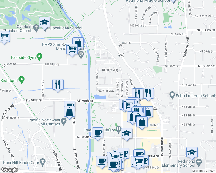 map of restaurants, bars, coffee shops, grocery stores, and more near 9301 156th Place Northeast in Redmond