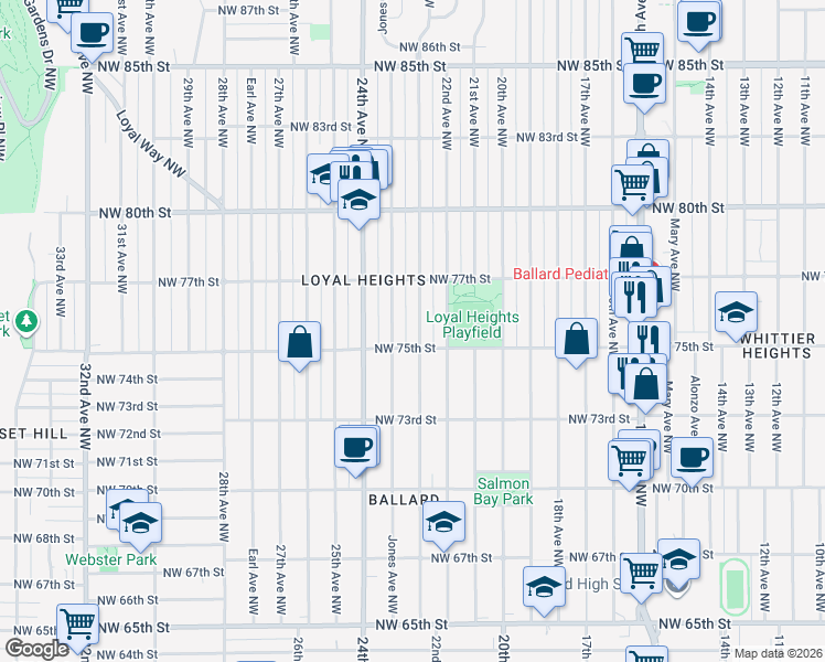 map of restaurants, bars, coffee shops, grocery stores, and more near 7510 23rd Avenue Northwest in Seattle