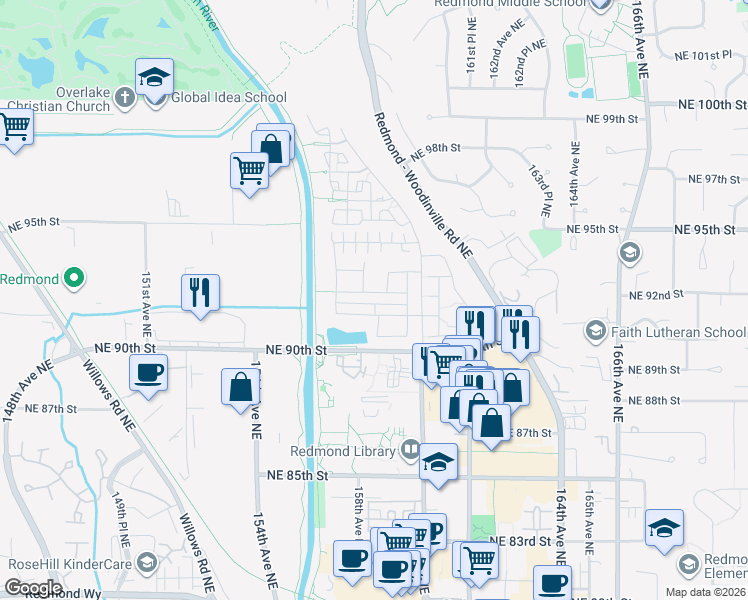 map of restaurants, bars, coffee shops, grocery stores, and more near 9308 157th Place Northeast in Redmond