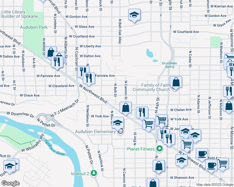 map of restaurants, bars, coffee shops, grocery stores, and more near 2076 West Grace Avenue in Spokane