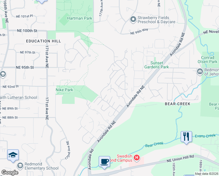 map of restaurants, bars, coffee shops, grocery stores, and more near 9009 Avondale Road Northeast in Redmond