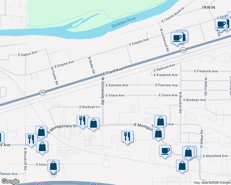 map of restaurants, bars, coffee shops, grocery stores, and more near 10805 East Grace Avenue in Spokane Valley