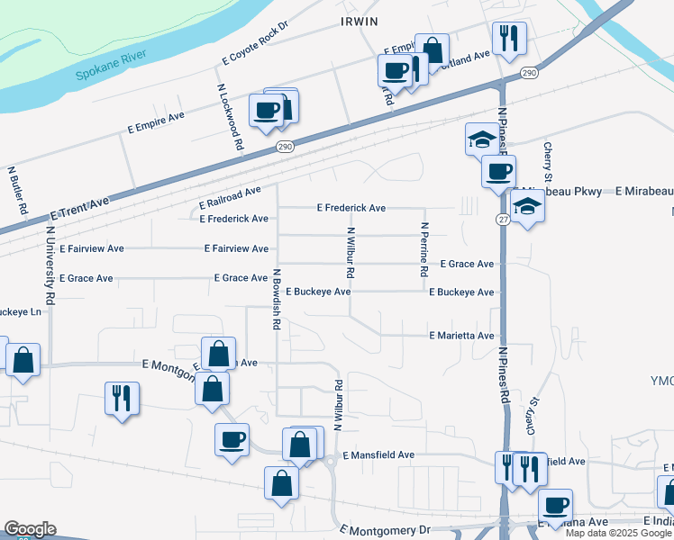 map of restaurants, bars, coffee shops, grocery stores, and more near 11702 East Grace Avenue in Spokane Valley