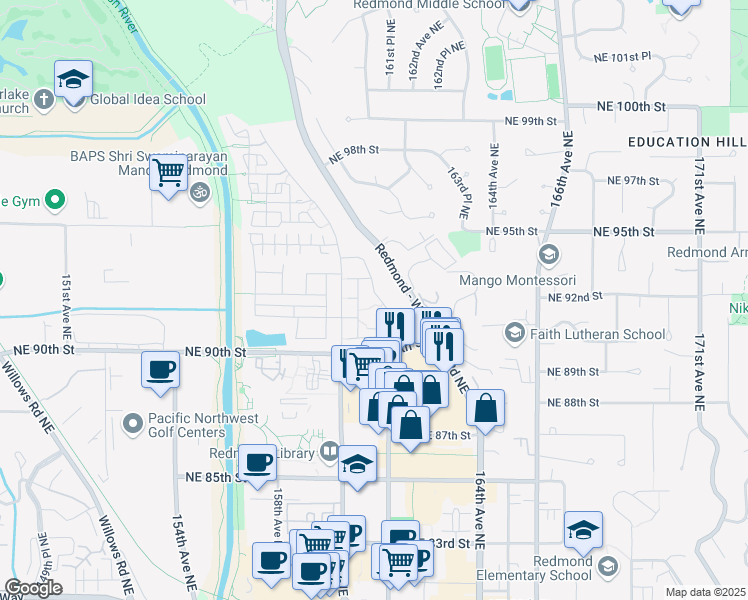 map of restaurants, bars, coffee shops, grocery stores, and more near 9067 161st Court Northeast in Redmond