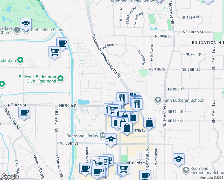 map of restaurants, bars, coffee shops, grocery stores, and more near 9127 161st Place Northeast in Redmond
