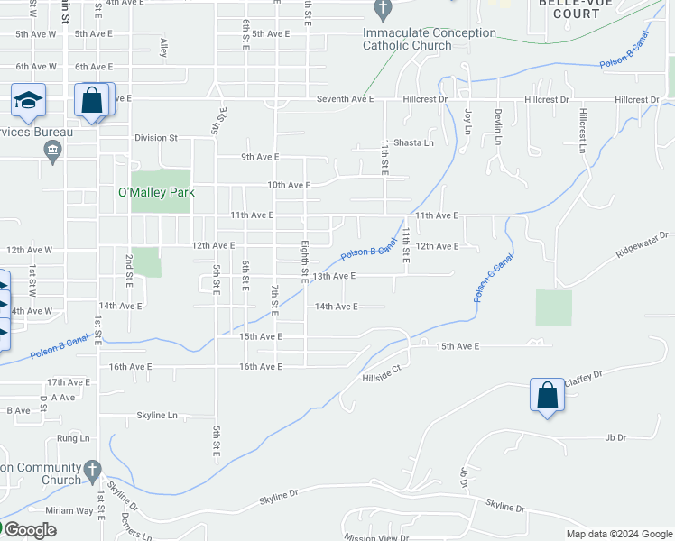 map of restaurants, bars, coffee shops, grocery stores, and more near 902 13th Avenue East in Polson