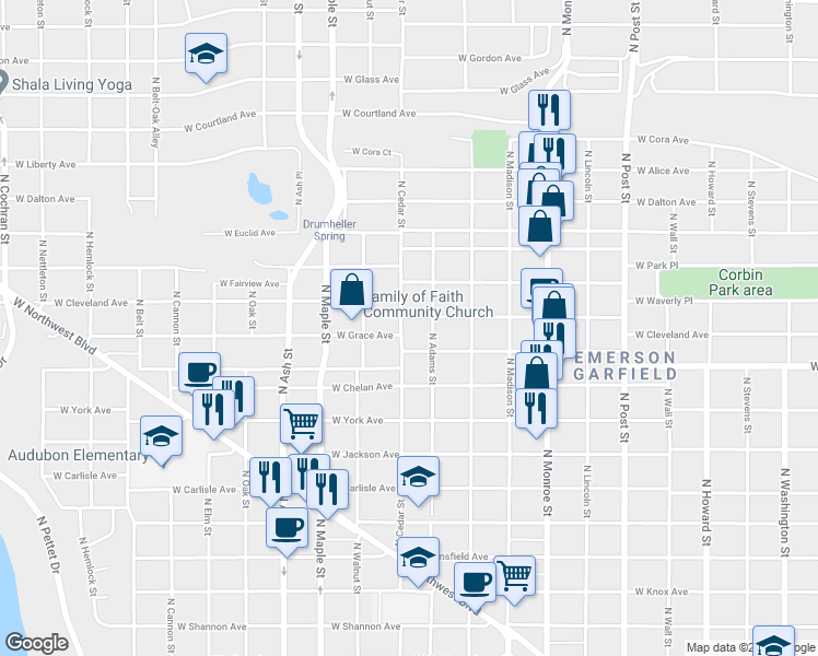 map of restaurants, bars, coffee shops, grocery stores, and more near 1316 West Grace Avenue in Spokane
