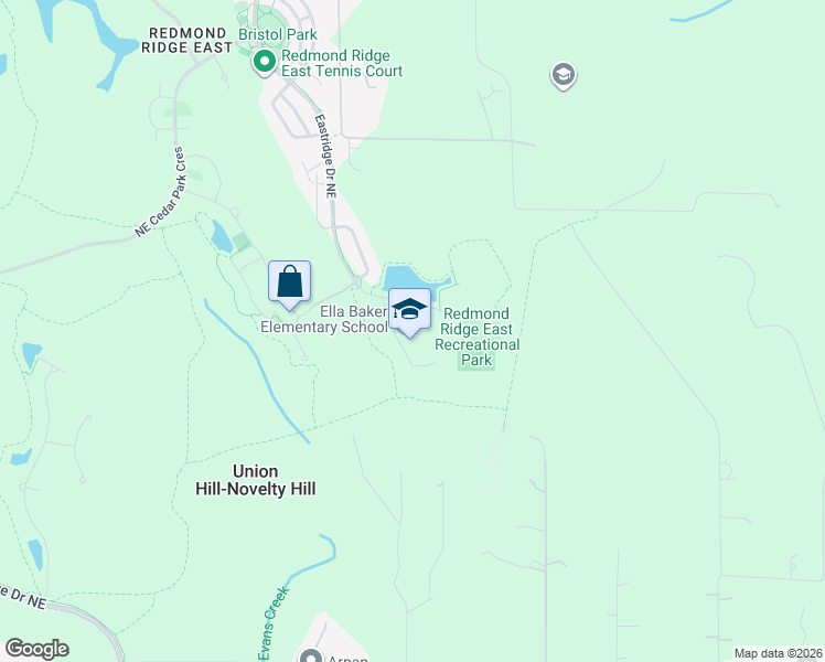 map of restaurants, bars, coffee shops, grocery stores, and more near 10005 Eastridge Drive Northeast in Redmond