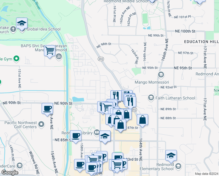 map of restaurants, bars, coffee shops, grocery stores, and more near 9144 162nd Place Northeast in Redmond
