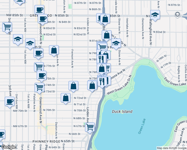 map of restaurants, bars, coffee shops, grocery stores, and more near 906 North 75th Street in Seattle