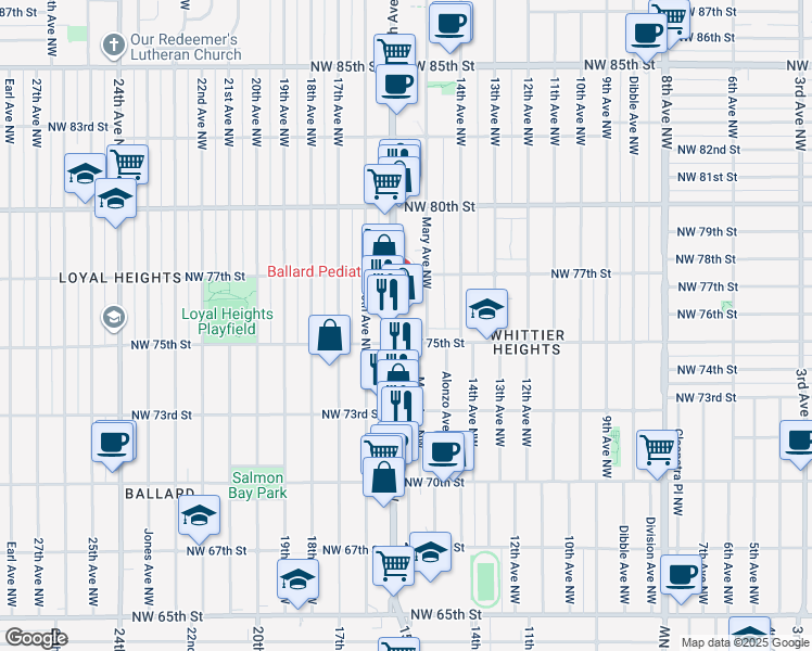 map of restaurants, bars, coffee shops, grocery stores, and more near 1482 Northwest 75th Street in Seattle