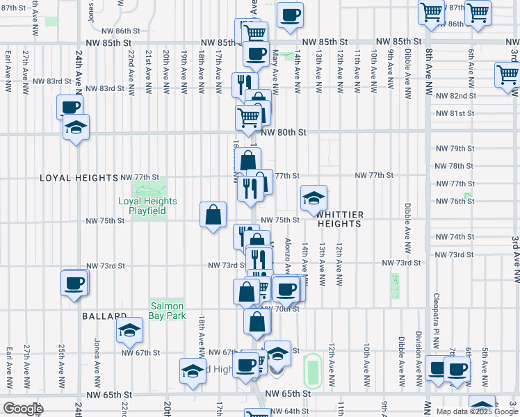 map of restaurants, bars, coffee shops, grocery stores, and more near 1482 Northwest 75th Street in Seattle