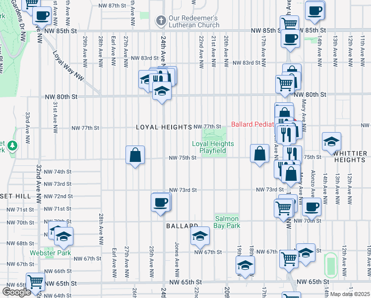 map of restaurants, bars, coffee shops, grocery stores, and more near 7510 23rd Avenue Northwest in Seattle