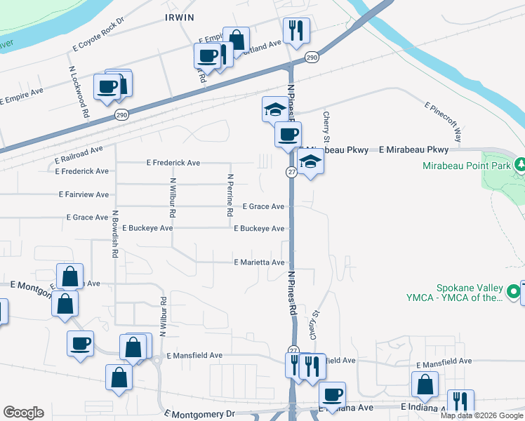 map of restaurants, bars, coffee shops, grocery stores, and more near 12116 East Grace Avenue in Spokane Valley