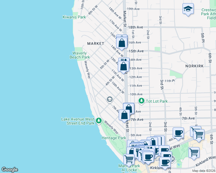 map of restaurants, bars, coffee shops, grocery stores, and more near 806 4th Street West in Kirkland
