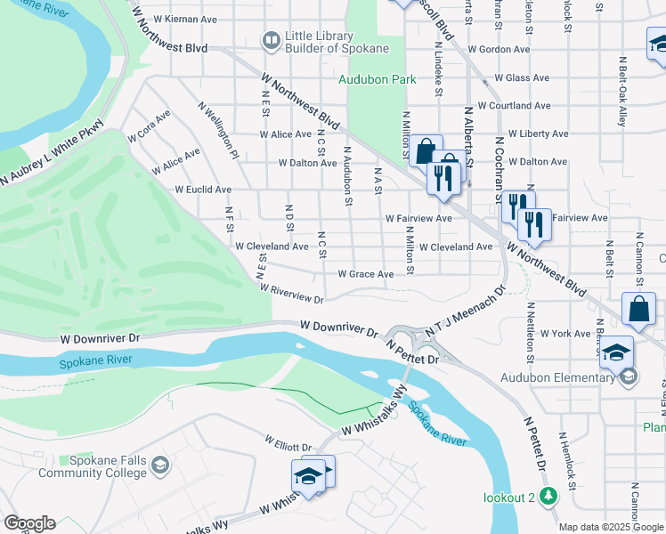 map of restaurants, bars, coffee shops, grocery stores, and more near 3024 West Grace Avenue in Spokane
