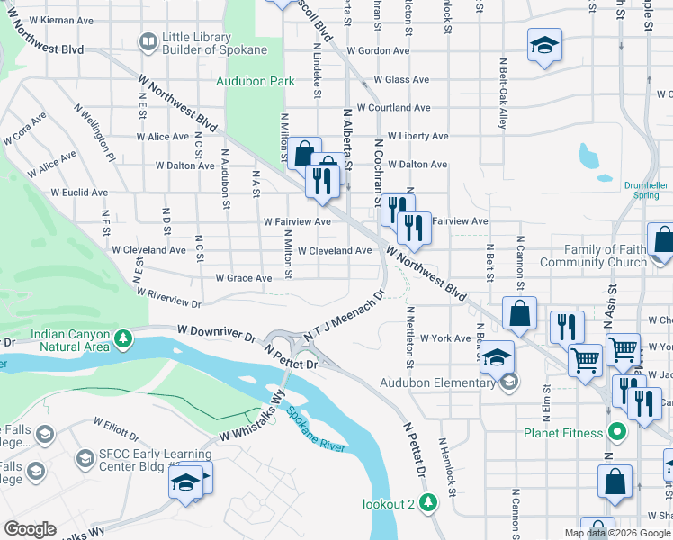 map of restaurants, bars, coffee shops, grocery stores, and more near 2614 West Grace Avenue in Spokane