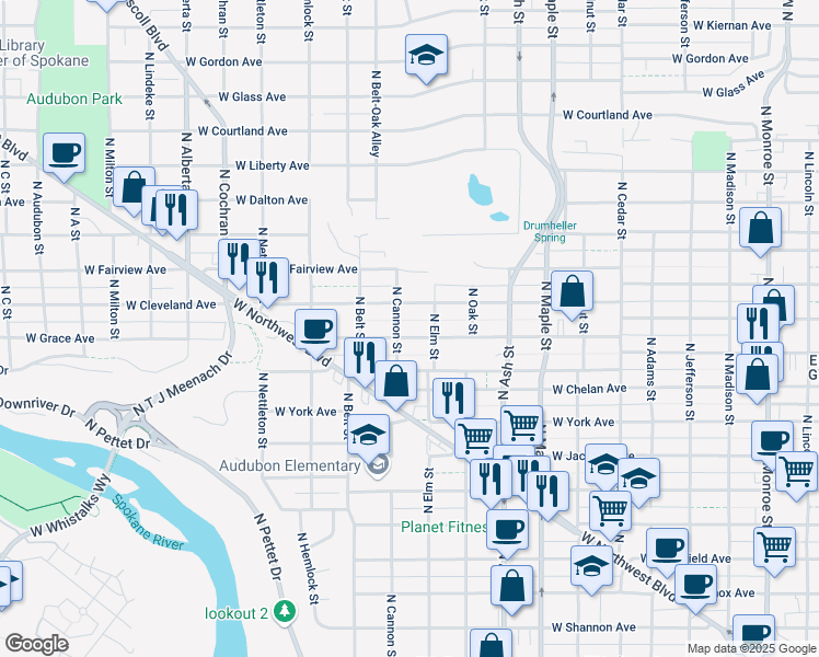 map of restaurants, bars, coffee shops, grocery stores, and more near 1922 West Grace Avenue in Spokane