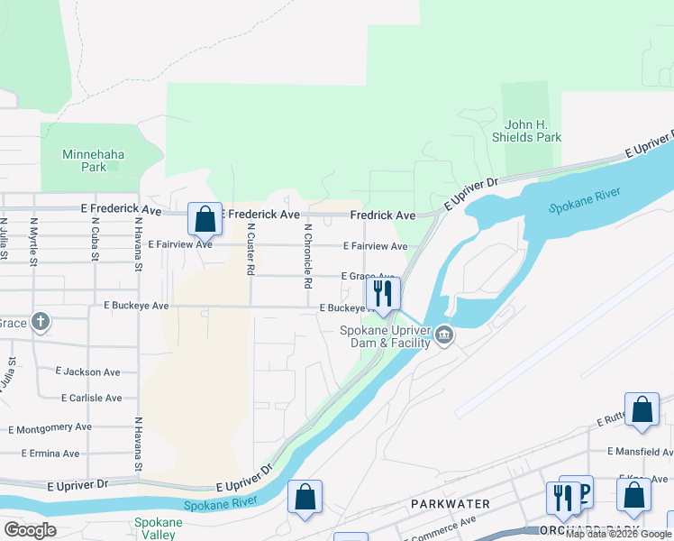 map of restaurants, bars, coffee shops, grocery stores, and more near 5019 East Grace Avenue in Spokane
